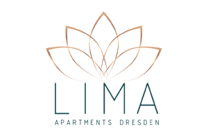 Logo von Lima Apartments Dresden - goldener Lotus und petrolfarbene Schrift